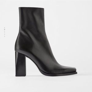 NWT Zara Black Square Toe Block Heel Leather Boots